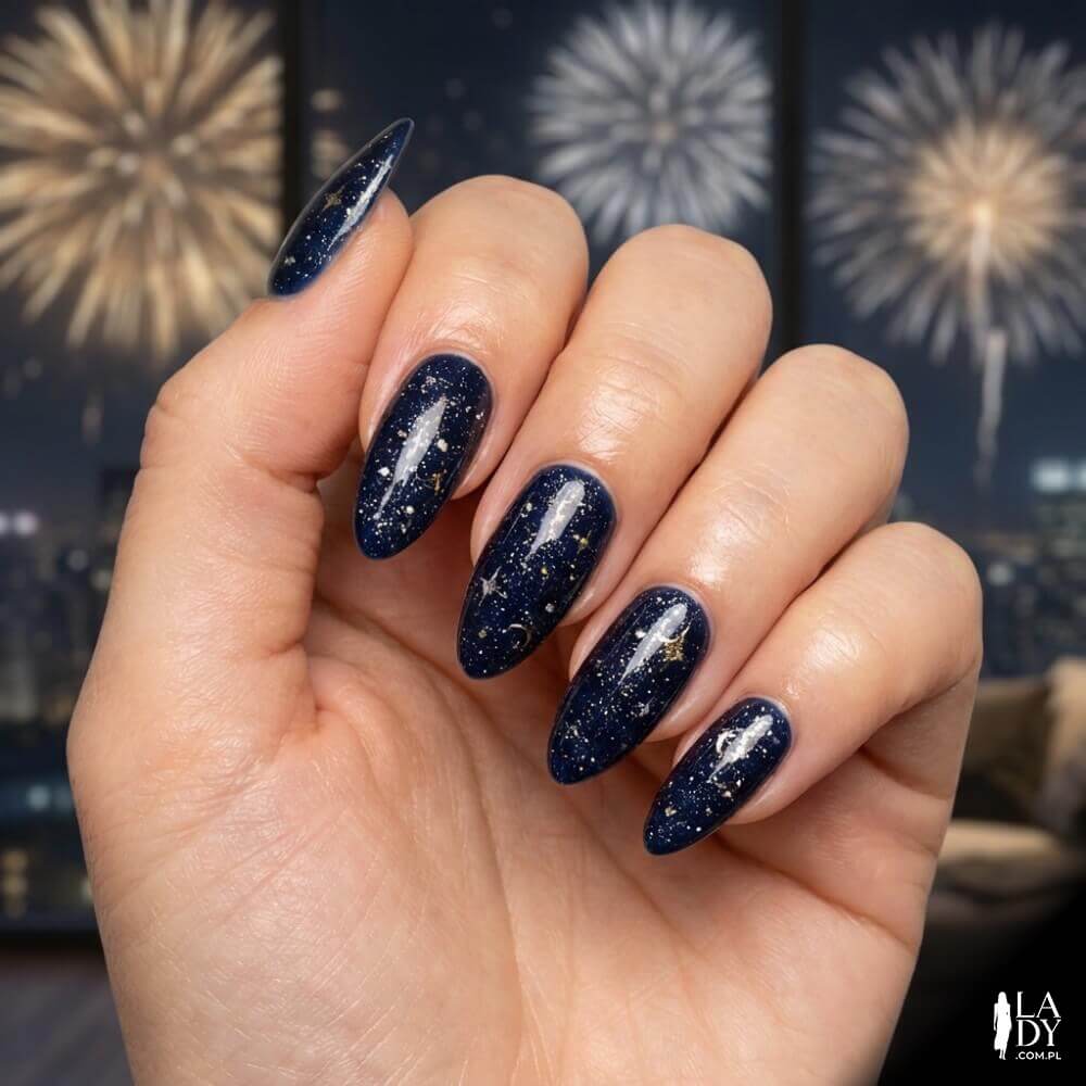 Granatowe paznokcie z drobinkami efekt nocnego nieba