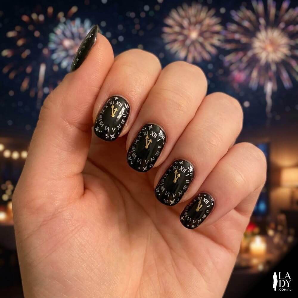 Paznokcie sylwestrowe ze wzorem zegara odliczającego północ