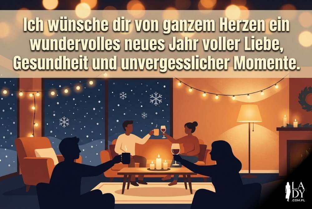 Ciepła ilustracja salonu z zimowym widokiem za oknem i toastem, z długim napisem po niemiecku o życzeniach na nowy rok