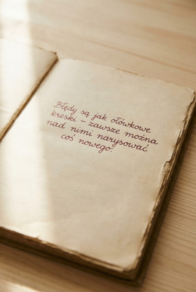 Zbliżenie na beżową kartkę pamiętnika z bordowym odręcznym cytatem: „Błędy są jak ołówkowe kreski – zawsze można nad nimi narysować coś nowego.”