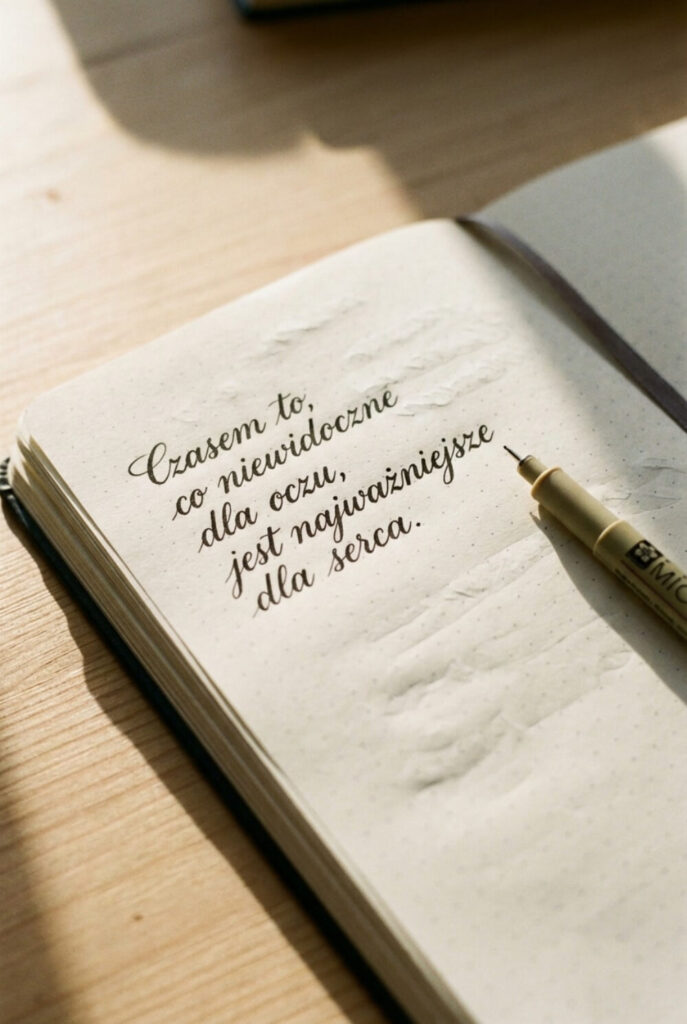 Zbliżenie na kartkę pamiętnika w kropki z czarnym odręcznym cytatem: „Czasem to, co niewidoczne dla oczu, jest najważniejsze dla serca.”