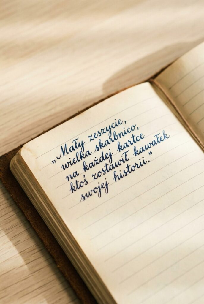 Zbliżenie na kartkę pamiętnika z granatowym odręcznym cytatem: „Mały zeszycie, wielka skarbnico, na każdej kartce ktoś zostawił kawałek swojej historii.”