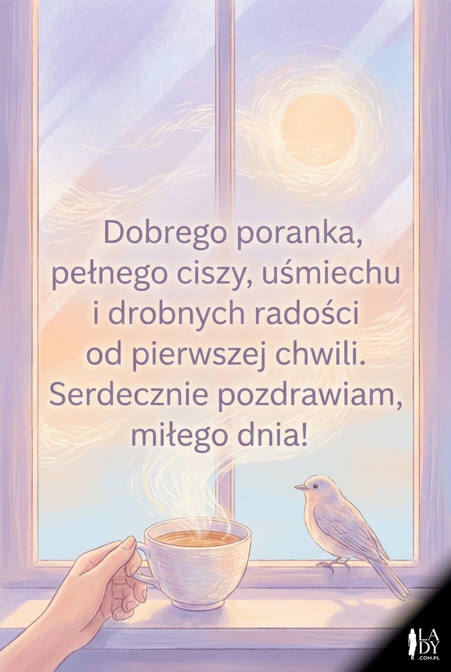 Kartka dzień dobry w pastelach z porannym światłem i życzeniami