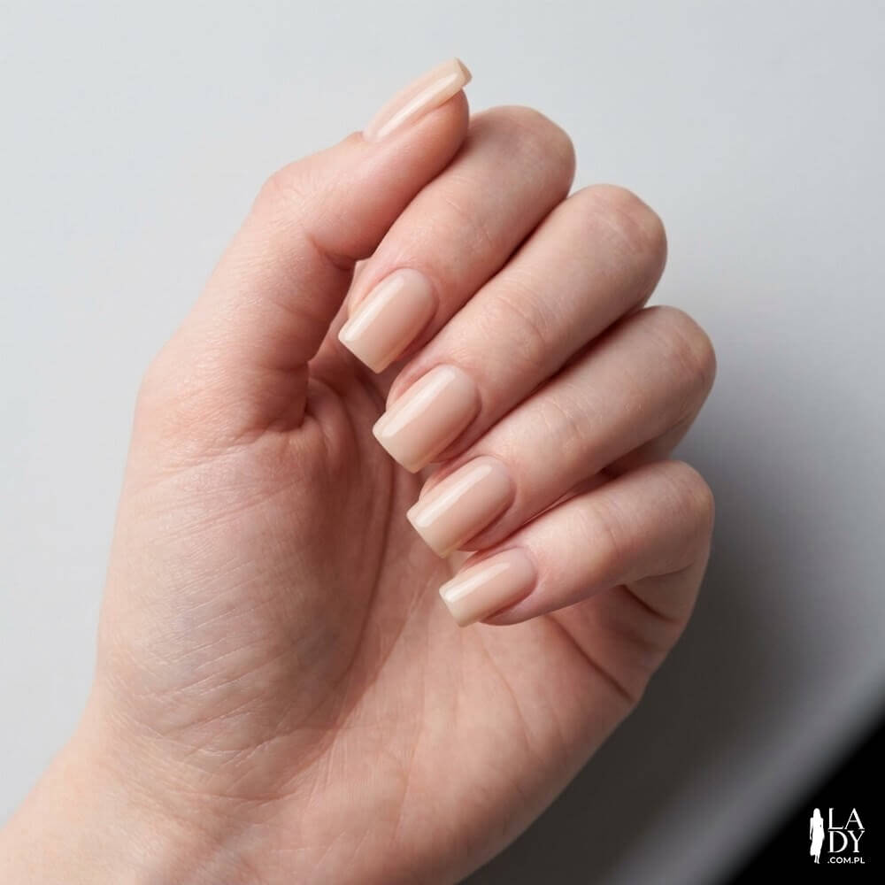 Zbliżenie na dłoń kobiety z paznokciami w kształcie kwadratu po piłowaniu, w neutralnym manicure nude