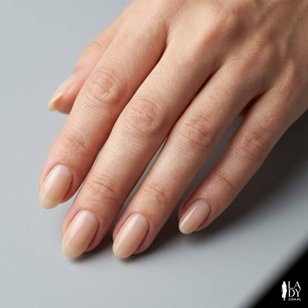 Zbliżenie na dłoń kobiety z paznokciami w kształcie owalu po piłowaniu, w neutralnym manicure nude