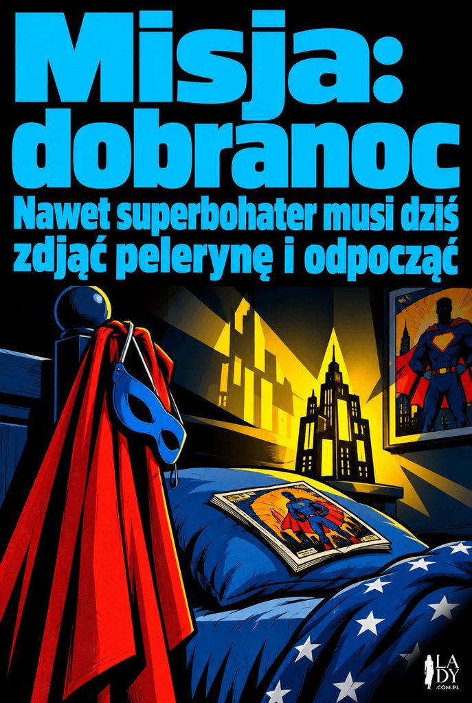 Peleryna i maska superbohatera powieszone na łóżku obok lampki w kształcie miasta, kartka z życzeniem „Misja: dobranoc”
