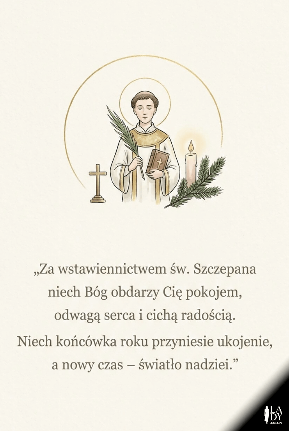 Minimalistyczna religijna kartka ze św. Szczepanem, krzyżem i świecą, z życzeniami o pokoju i nadziei