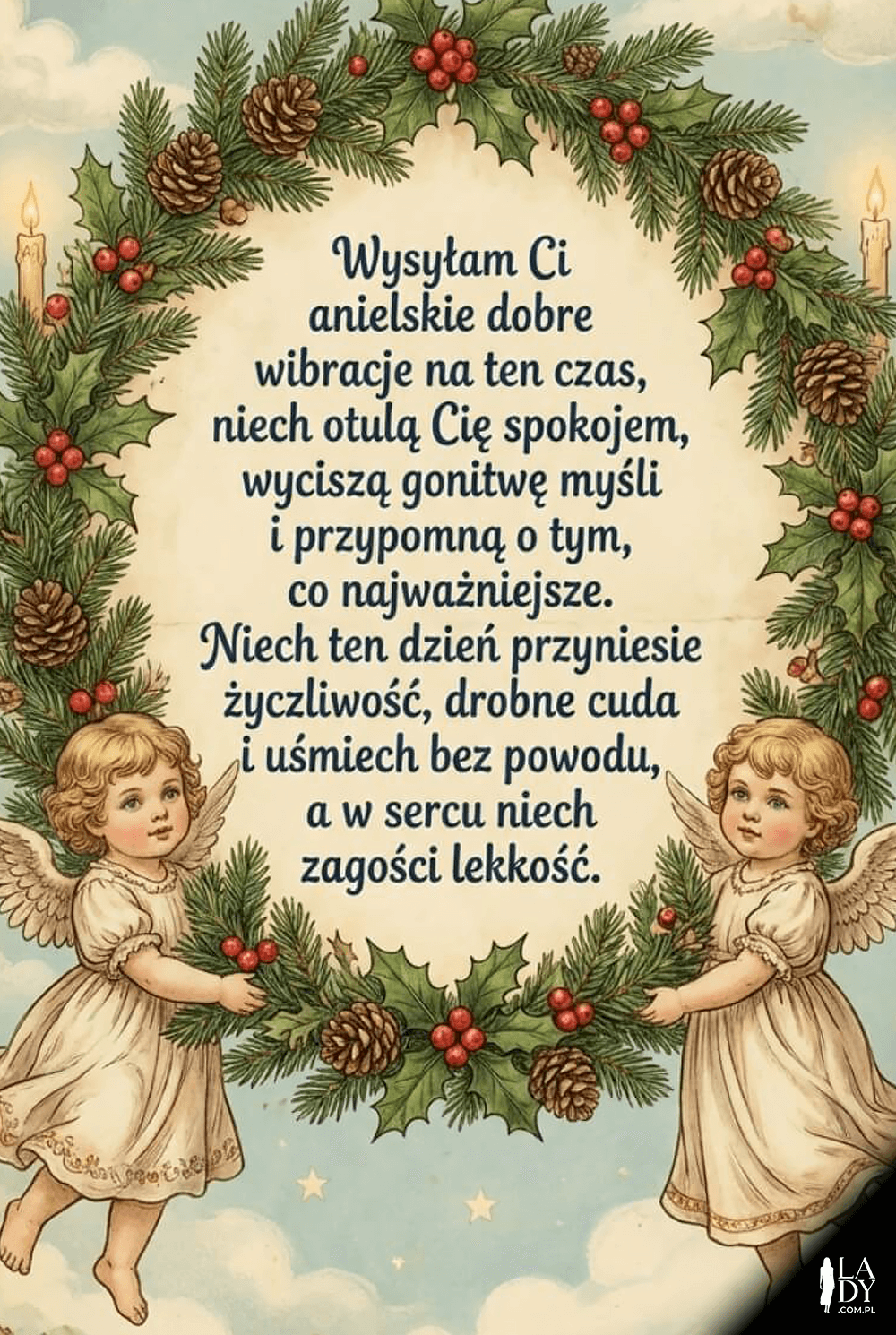 Dwa retro aniołki z wieńcem na postarzonej kartce i długie życzenia o dobrych wibracjach, spokoju i drobnych cudach.