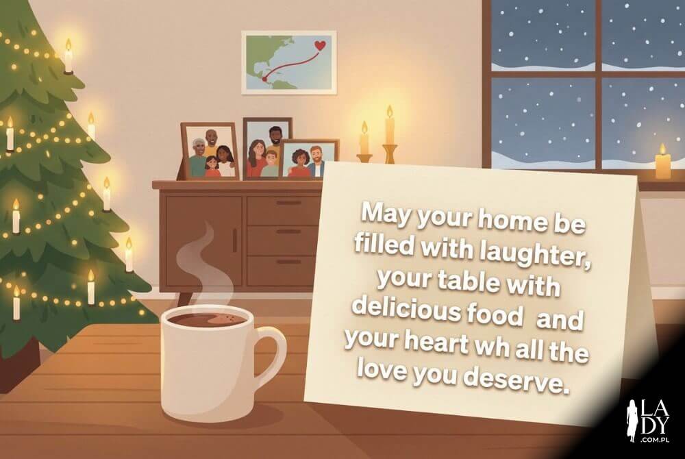 Oniryczna, ciepła ilustracja salonu z choinką, świecami i motywem bliskości na odległość; centralnie duży napis May your home be filled with laughter, your table with delicious food, and your heart with all the love you deserve