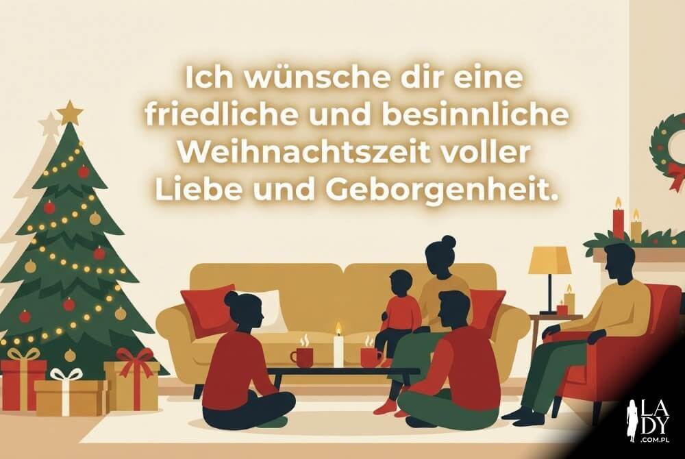 Przytulny salon z choinką i lampkami oraz duży niemiecki napis z życzeniami o spokojnych Świętach