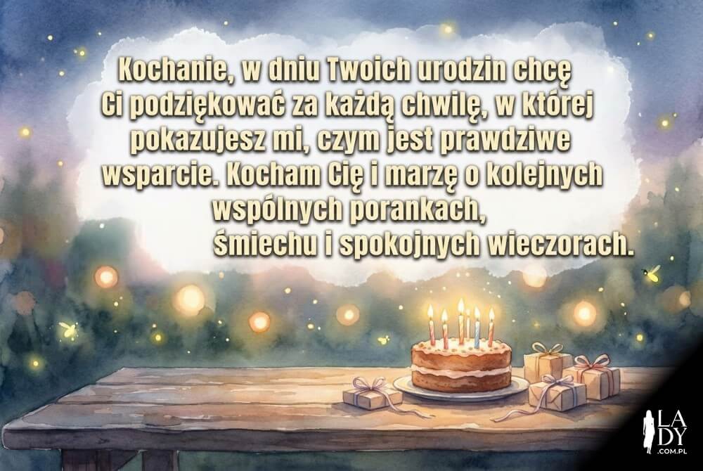 Akwarelowa grafika urodzinowa z tortem i ciepłymi światełkami; na środku duży napis z długimi, wzruszającymi życzeniami dla ukochanego