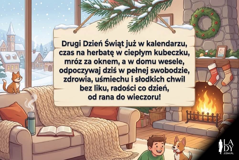Pozioma, animowana zimowa scenka z kanapą, herbatą i kominkiem oraz długą rymowanką na 26 grudnia