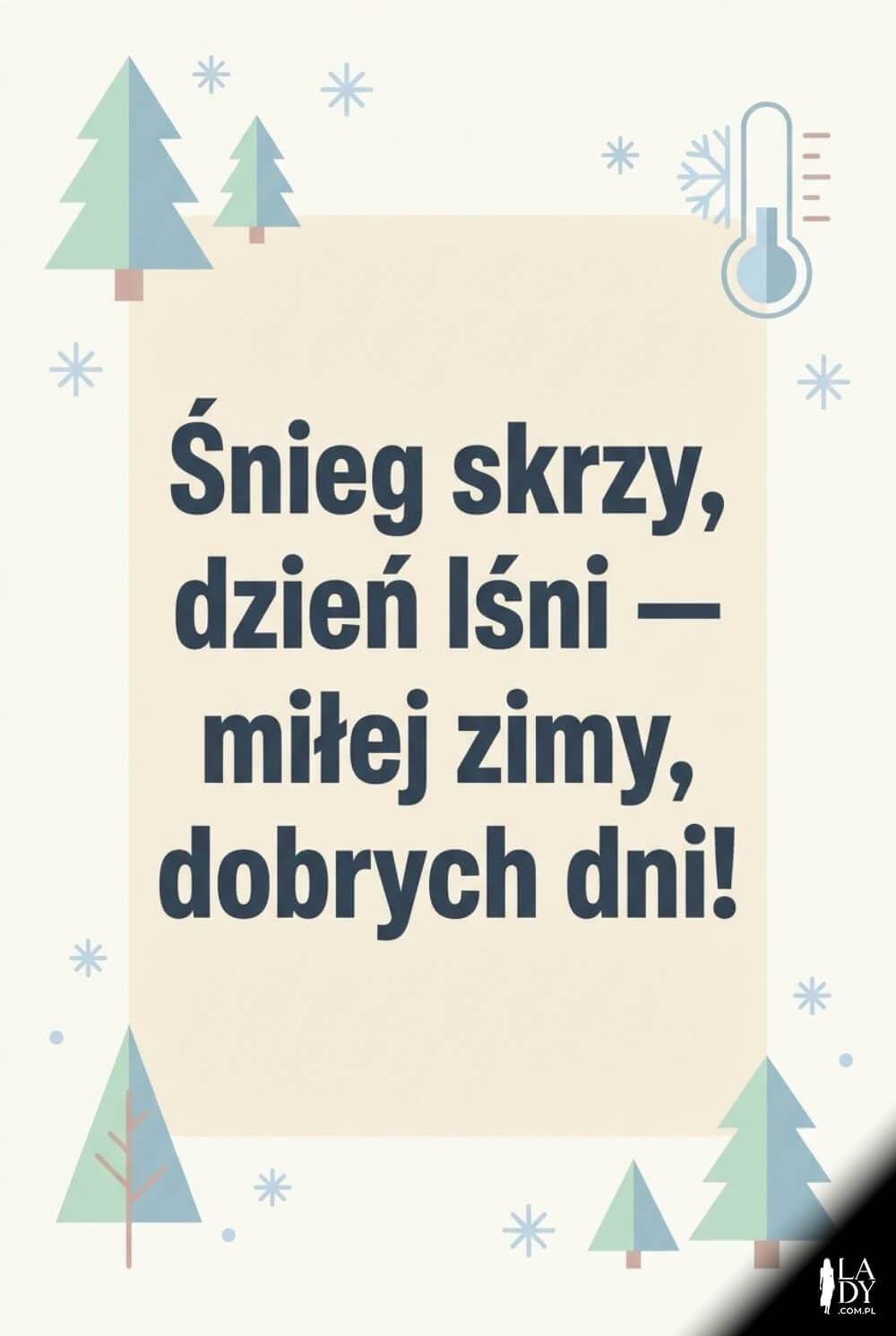 Minimalistyczna zimowa grafika flat design z choinkami i krótką rymowanką na środku