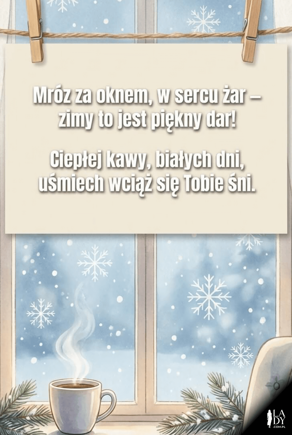 Zimowa ilustracja z kawą przy oknie i dużą rymowanką o mrozie, cieple i białych dniach
