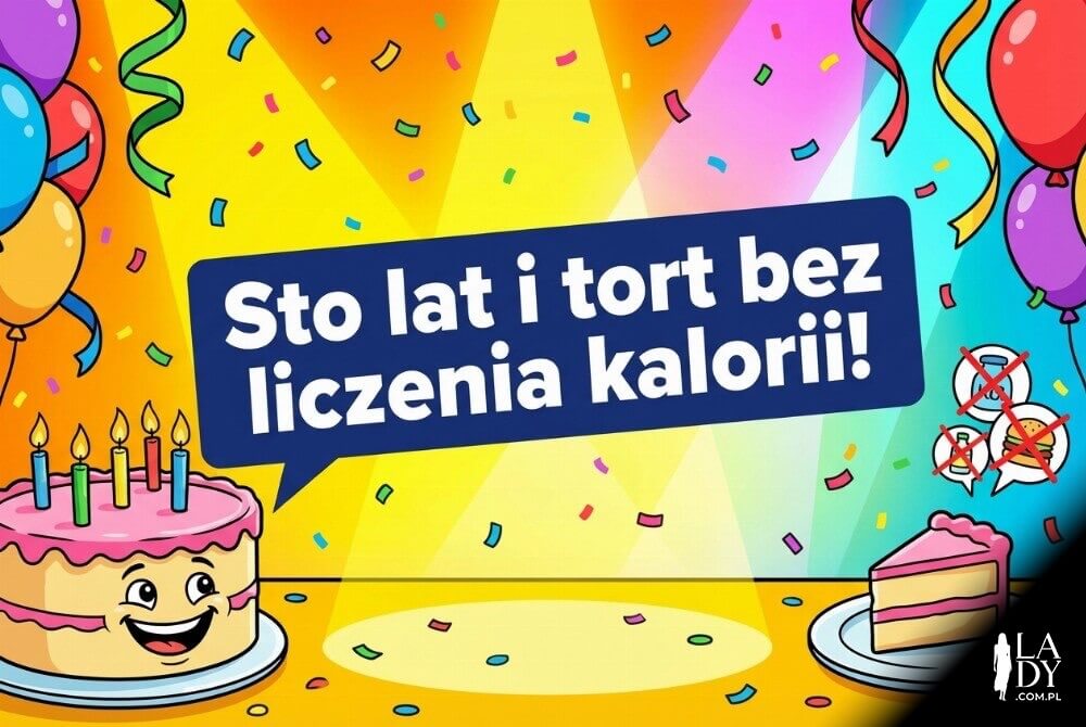 Kolorowa zabawna ilustracja z tortem i konfetti; na środku duży, krótki napis z życzeniami urodzinowymi