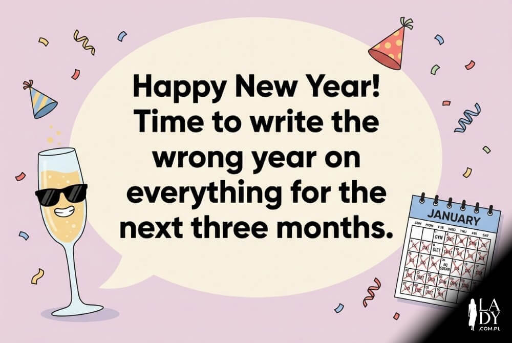 Zabawna grafika z kieliszkiem w okularach i tekstem Happy New Year! Time to write the wrong year on everything for the next three months