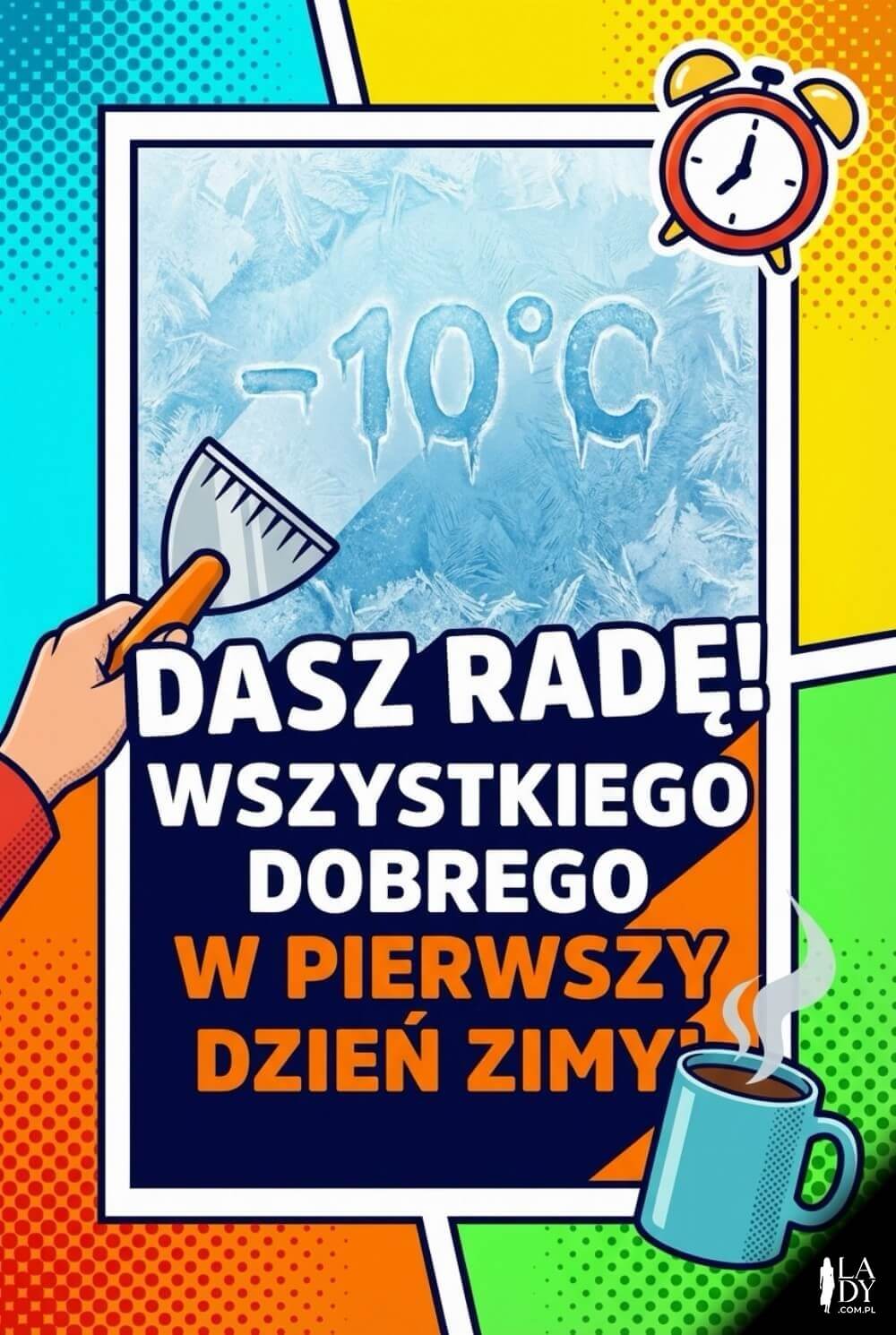 Komiksowa grafika o mroźnym poranku z krótkim, zabawnym tekstem o skrobaniu szyb