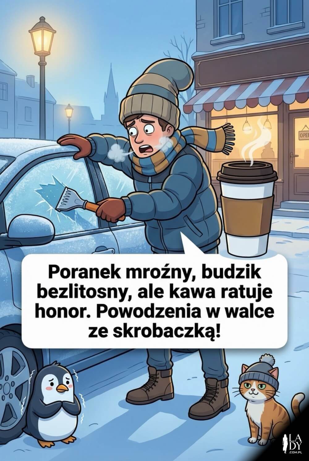 Zabawna zimowa ilustracja z odśnieżaniem szyby i długim, czytelnym życzeniem o budziku, kawie i skrobaczce