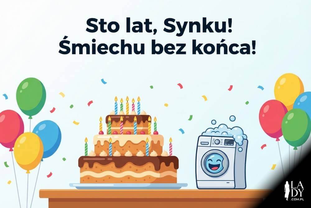 Zabawna grafika z tortem, balonami, konfetti i ikoną pralki, z dużym napisem: Sto lat, Synku! Śmiechu bez końca