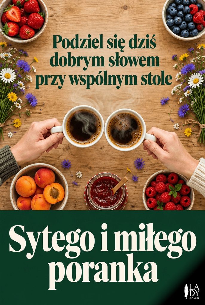 Ujęcie z góry: dłonie stukają się kubkami kawy nad stołem z owocami i kwiatami, u dołu zielony pas z tekstem "Sytego i miłego poranka".