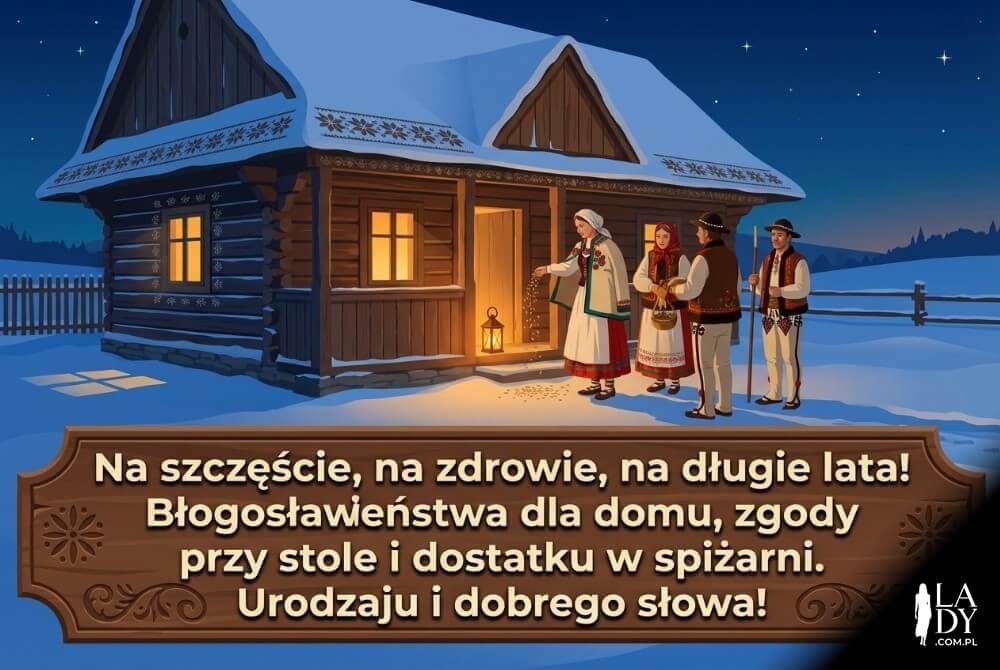 Ilustracja w klimacie staropolskim z kolędnikami, chatą i owsem oraz długimi życzeniami kolędniczymi