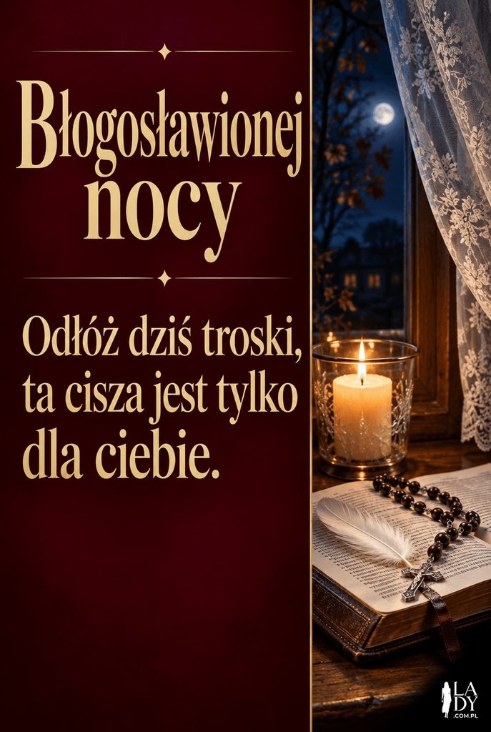 Zapalona świeca i różaniec na otwartej książce do modlitwy z białym piórkiem, kartka z życzeniem „Błogosławionej nocy”