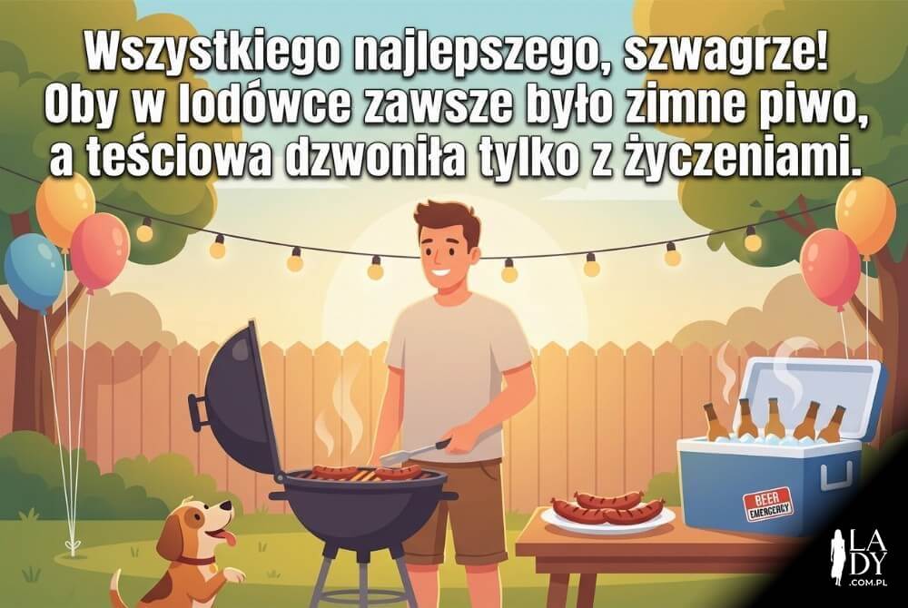 Ilustracja: szwagier przy grillu w ogrodzie z balonami i lampkami, duży napis z zabawnymi życzeniami urodzinowymi po polsku