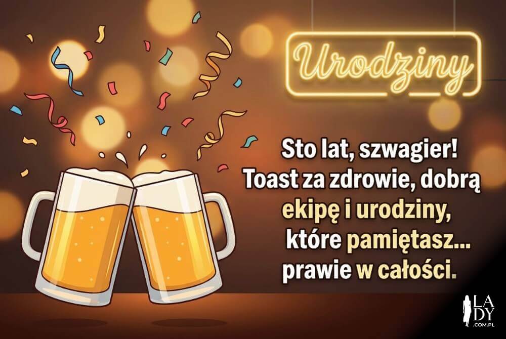Animowana ilustracja 2D: dwa kufle w toaście, konfetti i ciepłe światło pubu, duży czytelny napis z dłuższymi życzeniami dla szwagra