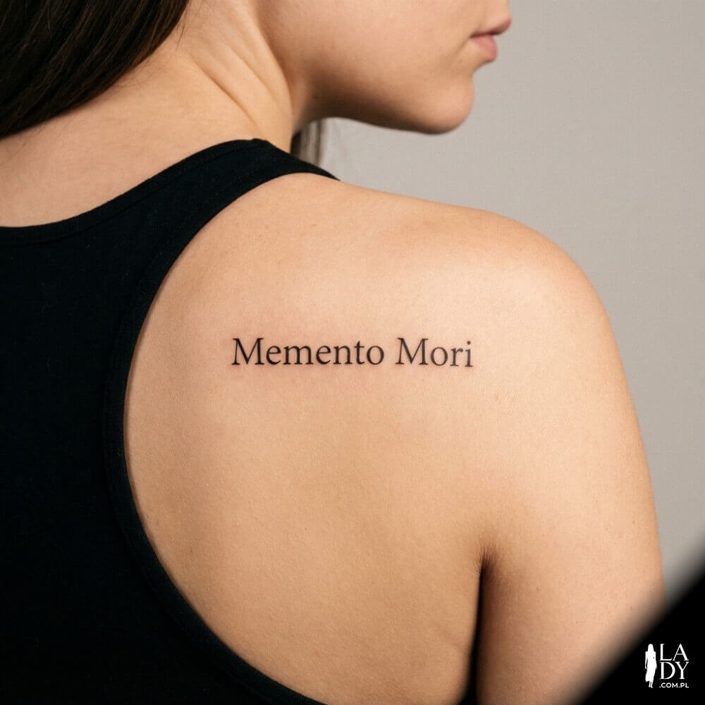 Tatuaż „Memento Mori” na barku kobiety, realistyczne zdjęcie w miękkim świetle studyjnym