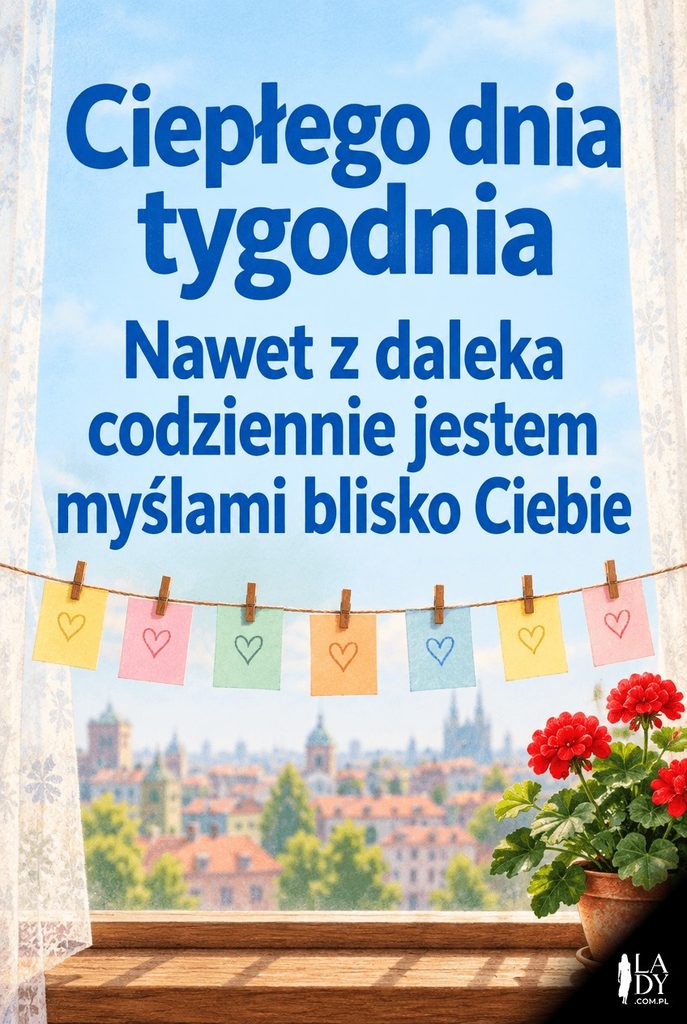 Ilustracja: sznurek z pastelowymi karteczkami nad parapetem z geranium, na środku niebieski blok z tekstem "Ciepłego dnia tygodnia".