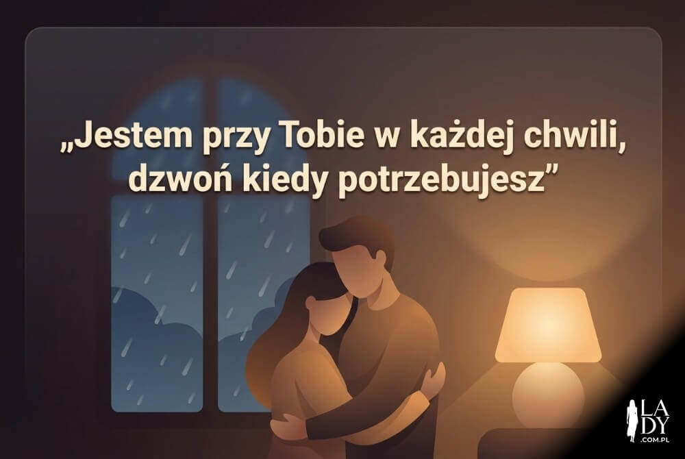 Ilustracja dwóch osób w symbolicznym uścisku przy oknie z deszczem i ciepłym światłem lampy, z dużym napisem „Jestem przy Tobie w każdej chwili, dzwoń kiedy potrzebujesz”