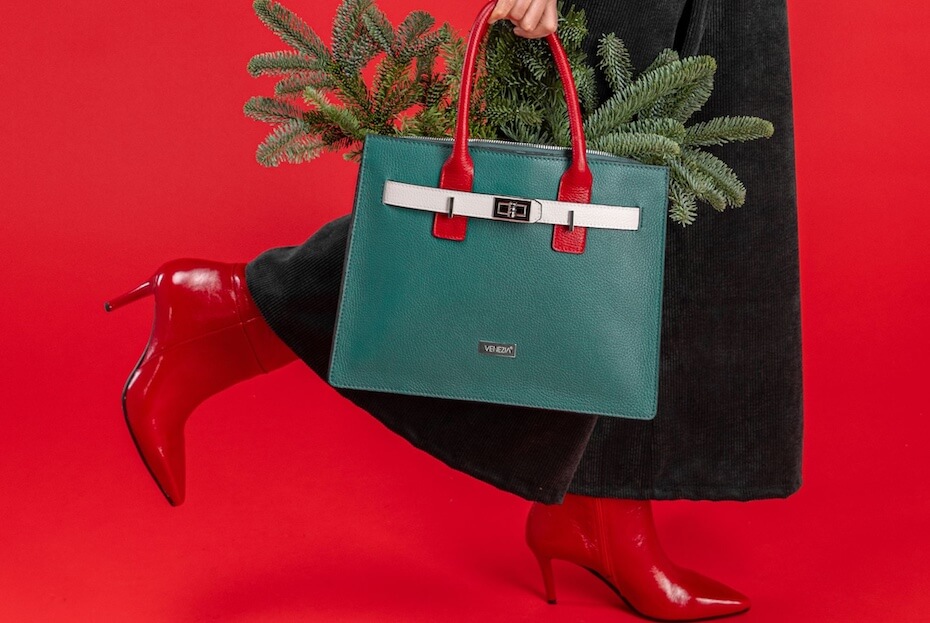 Torebka butelkowa zieleń z czerwoną rączką