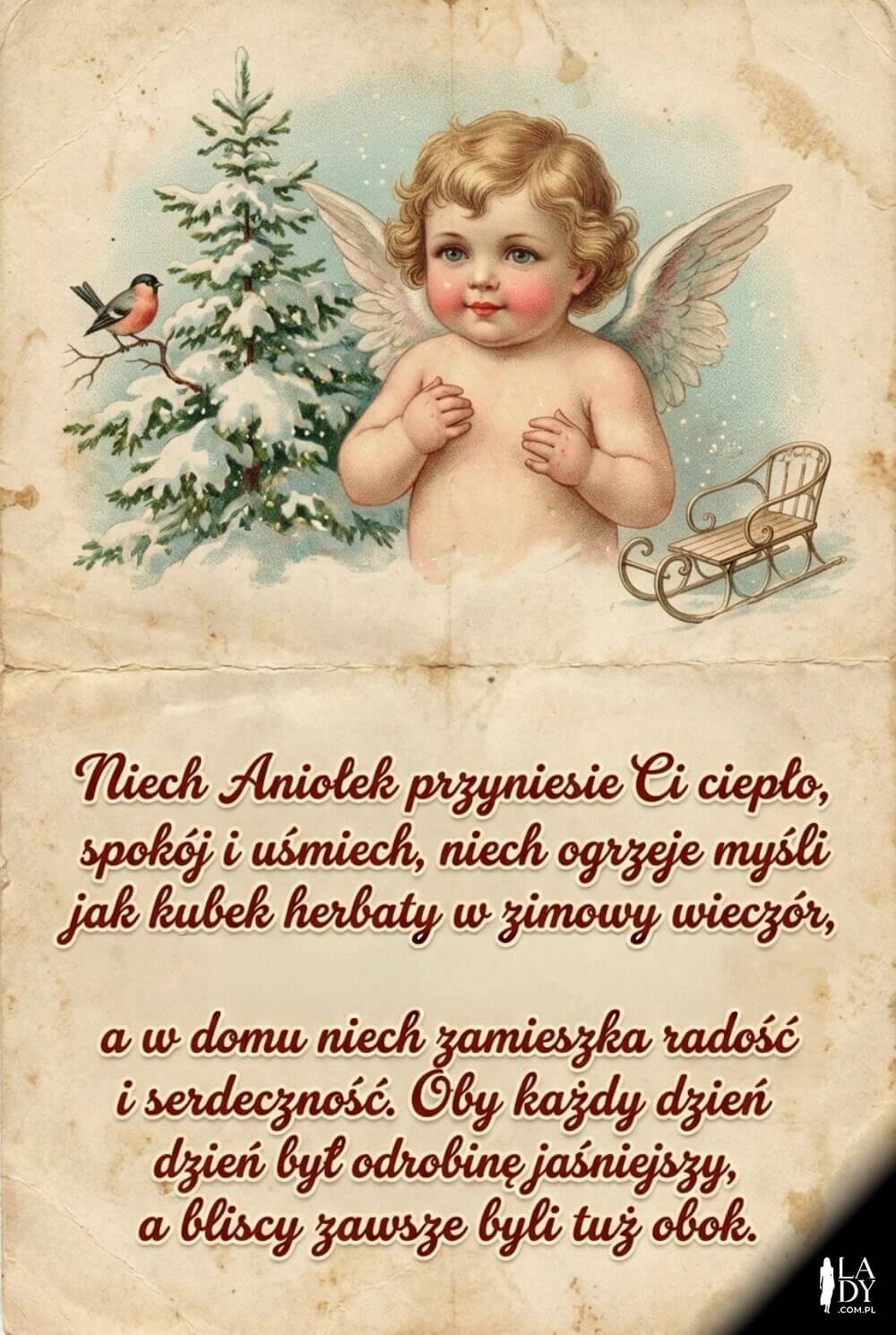 Retro pocztówka z pastelowym aniołkiem, choinką i ptaszkiem oraz długimi życzeniami o cieple, radości i bliskości.