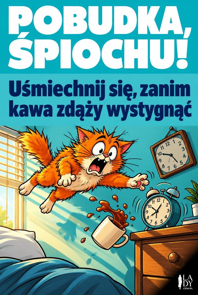 Kreskówkowy doodle: rudy kot strąca budzik i kawę o poranku, na górze turkusowy pas z napisem "Pobudka, Śpiochu!".