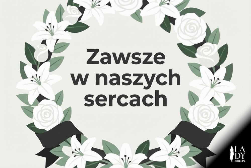 Minimalistyczna grafika wieńca z białych kwiatów i czarną szarfą z dużym napisem „Zawsze w naszych sercach”