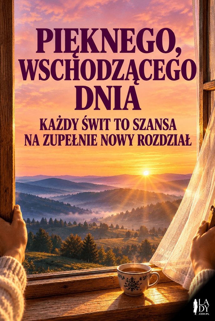 Fotograficzny krajobraz: dłonie otwierają okno na wschód słońca nad wzgórzami, u góry gradient nieba z tekstem "Pięknego, wschodzącego dnia".