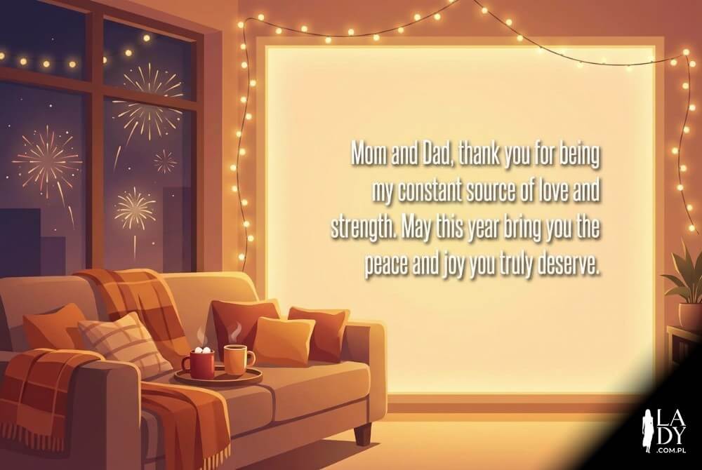 Przytulny salon z lampkami i życzeniami dla bliskich: Mom and Dad, thank you for being my constant source of love and strength