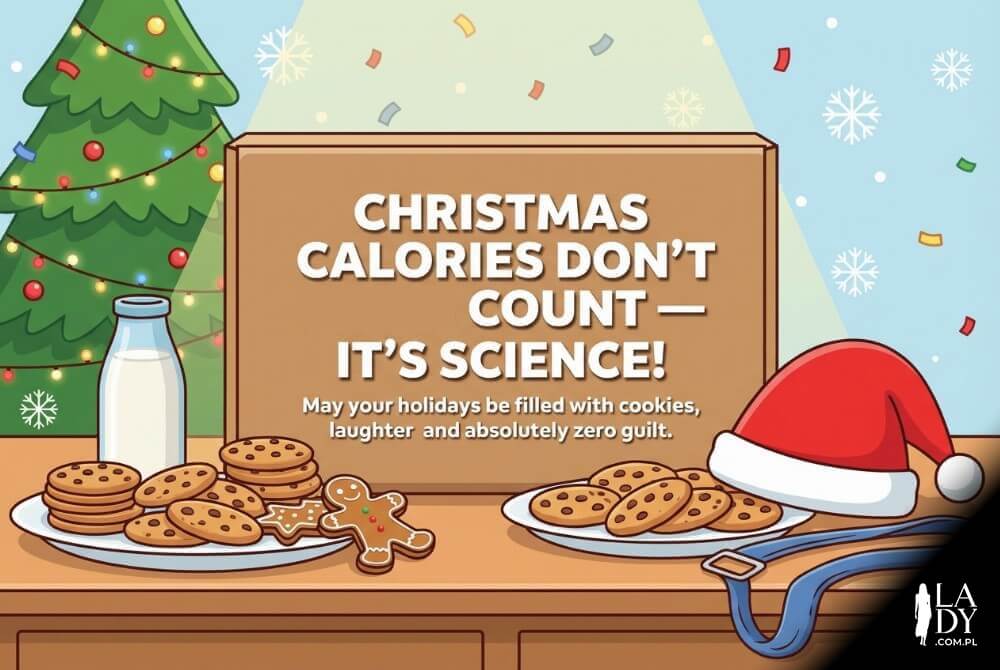 Zabawna ilustracja z ciasteczkami, czapką Mikołaja i żartobliwym motywem elastycznego paska; centralnie duży napis Christmas calories don’t count — it’s science! May your holidays be filled with cookies, laughter, and absolutely zero guilt