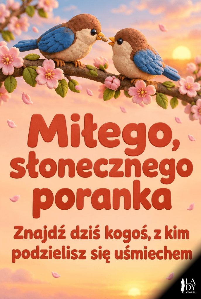Render plastelinowy: dwa wróbelki na kwitnącej gałęzi o wschodzie słońca, poniżej brzoskwiniowa strefa z tekstem "Miłego, słonecznego poranka".