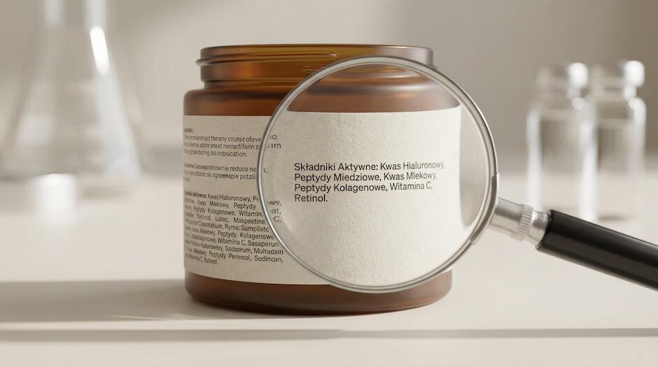 Zbliżenie na etykietę produktu dermokosmetycznego ze składnikami aktywnimi, lupa powiększająca tekst z nazwami kwasów i peptydów