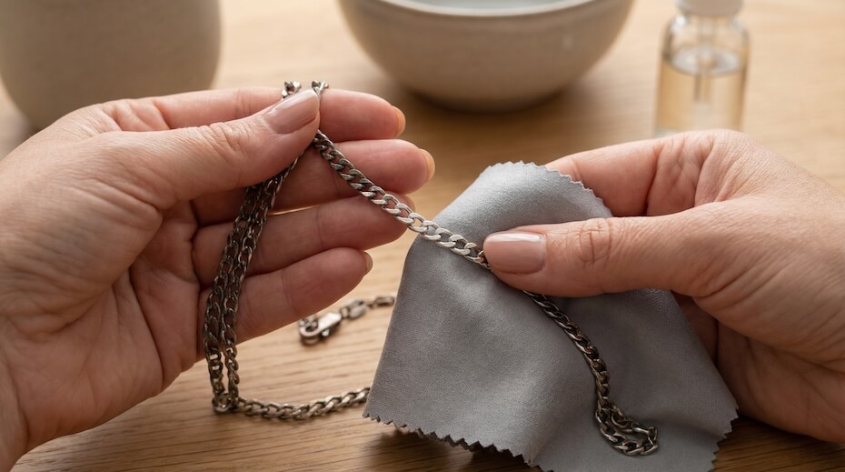 Ręce delikatnie czyszczące srebrny łańcuszek miękką szmatką
