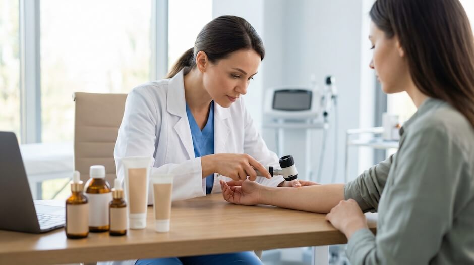 Konsultacja dermatologiczna - lekarz badający skórę pacjentki za pomocą dermatoskopu, na biurku produkty dermokosmetyczne