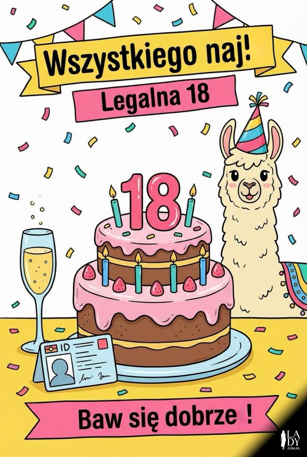 Zabawna grafika na 18: tort „Legalna 18”, rekwizyt dowodu i lama-animowana; napis „Wszystkiego najlepszego! Legalna 18 — Sto lat!”