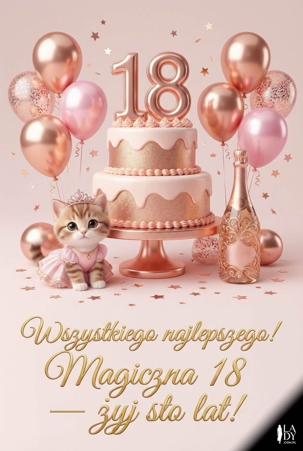 Grafika na 18: tort z „18”, balony rose gold i kotek-kreskówka; napis „Wszystkiego najlepszego! Magiczna 18 — Sto lat!”