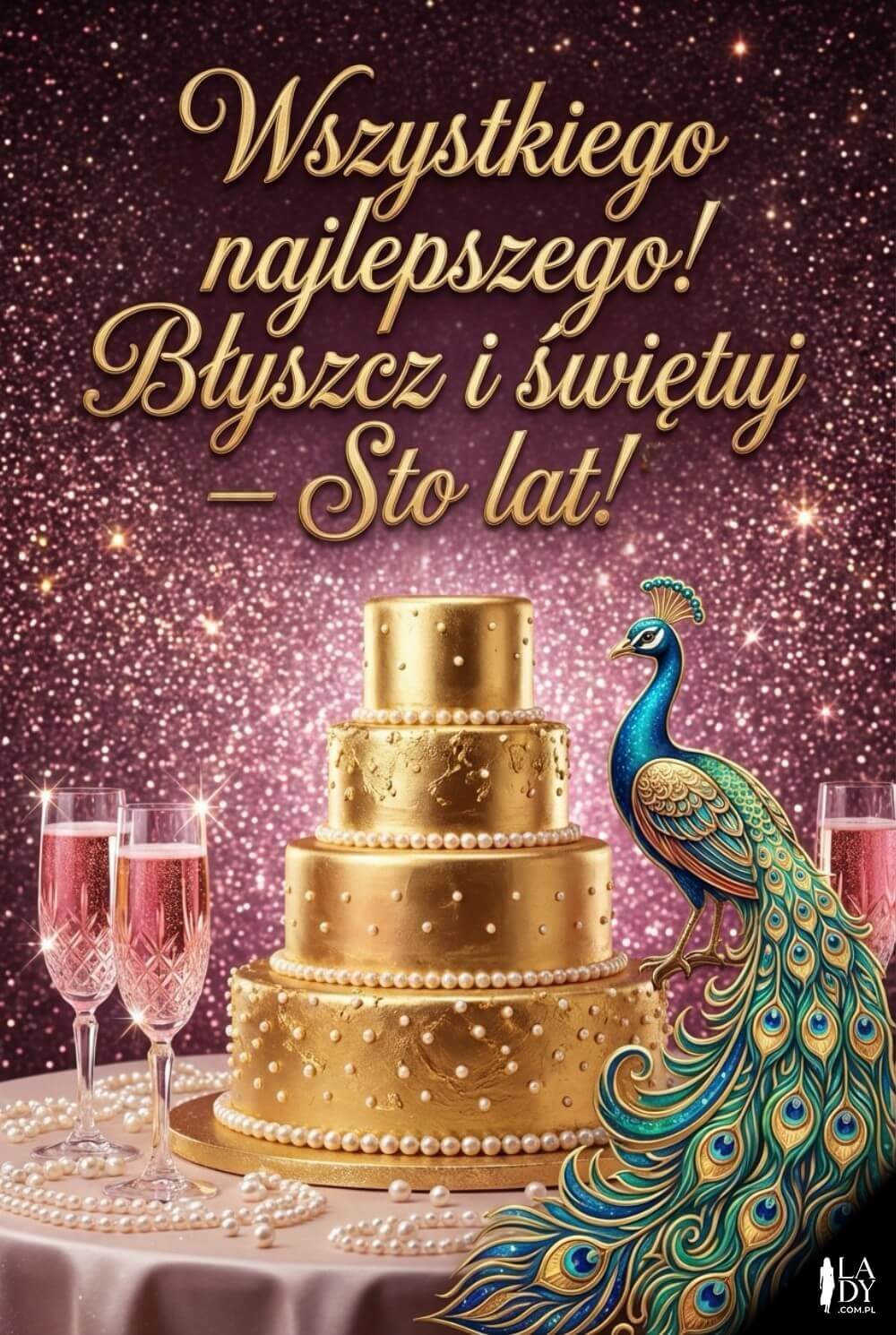 Glamour grafika: tort, perły, brokat i różowy szampan, animowany paw; napis „Wszystkiego najlepszego! Błyszcz i świętuj — Sto lat!”