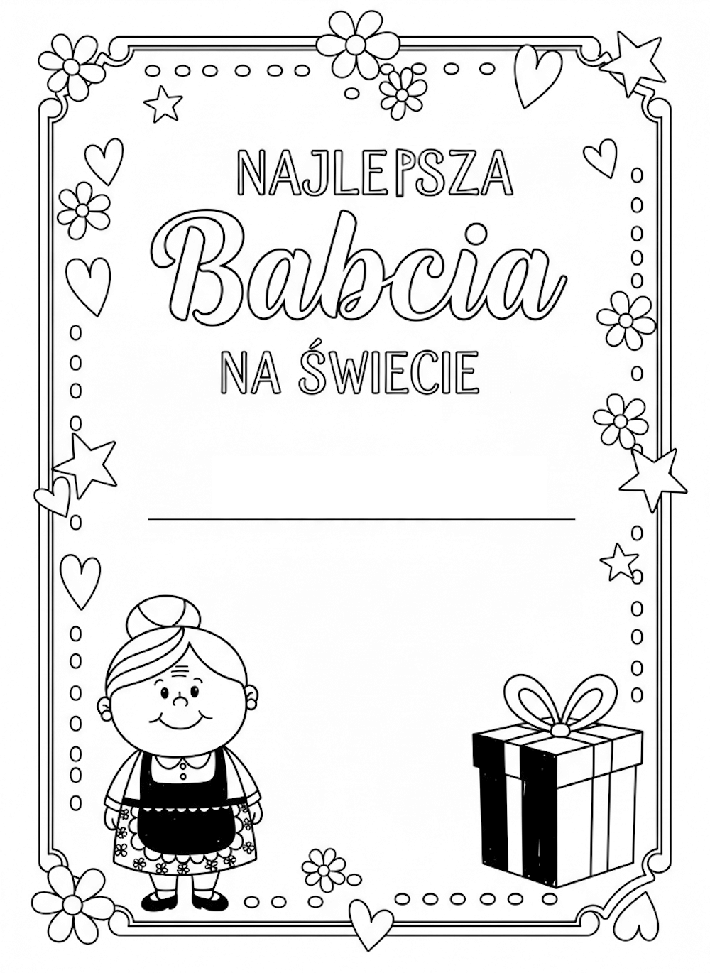 Gotowy szablon laurki do pobrania i pokolorowania, "Najlepsza Babcia na świecie", pusta rubryka do wypełnienia, prezent i wizerunek staruszki