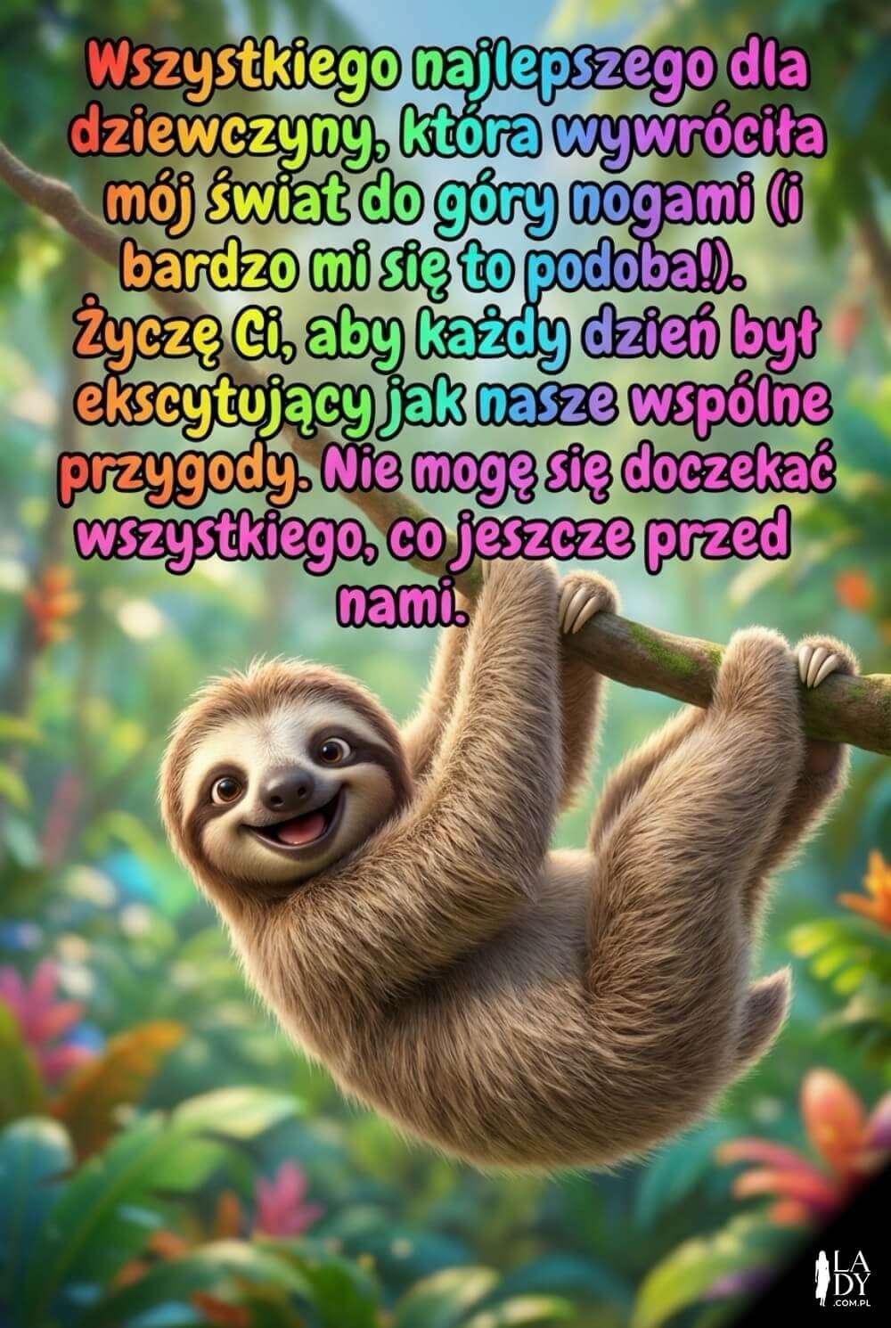 Pionowa trójwymiarowa animacja z leniwcem wiszącym na gałęzi i zabawnym tekstem