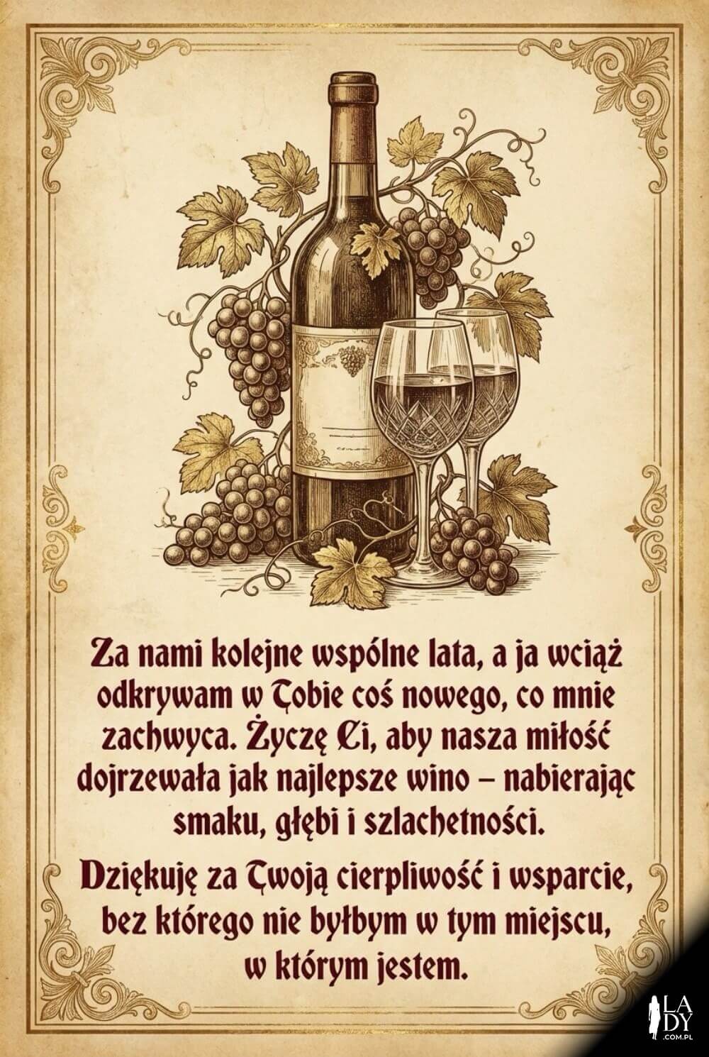 Stylizowana na vintage pionowa grafika z winem i kieliszkami symbolizująca dojrzałą miłość