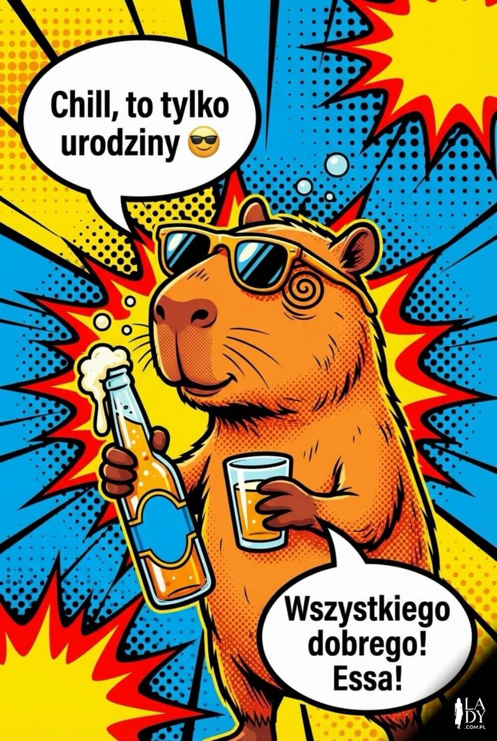 Pop-artowa kartka z kapibarą w okularach i napisem „Chill, to tylko urodziny”