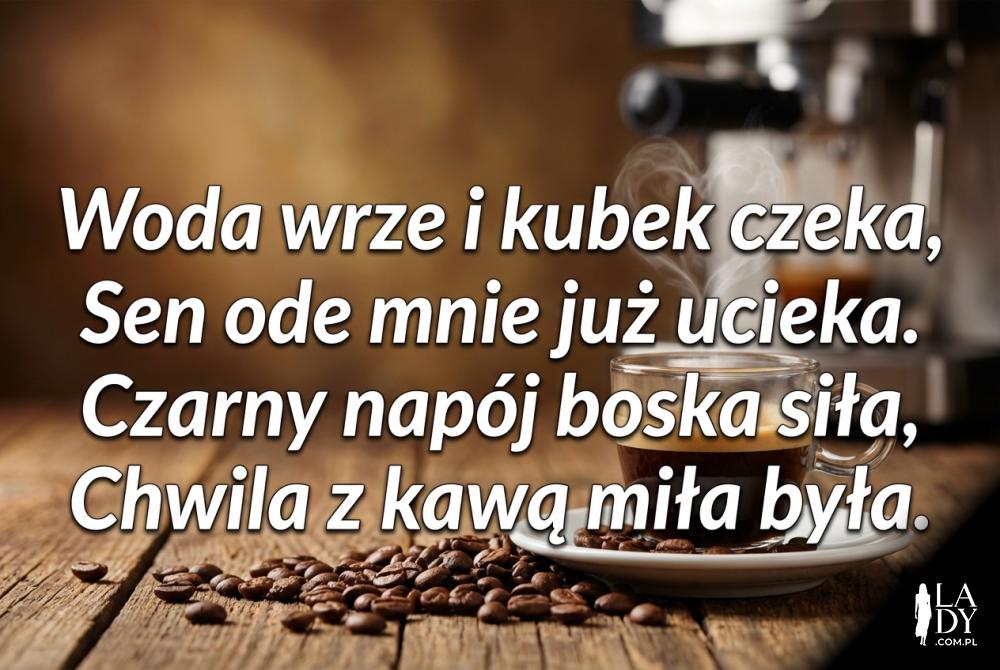 Filiżanka kawy i ziarna z rymowanką na dzień dobry Filiżanka kawy i ziarna z rymowanką na dzień dobry